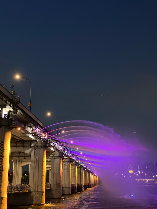 A bridge at night with illuminated water jets creating a purple arc over the river