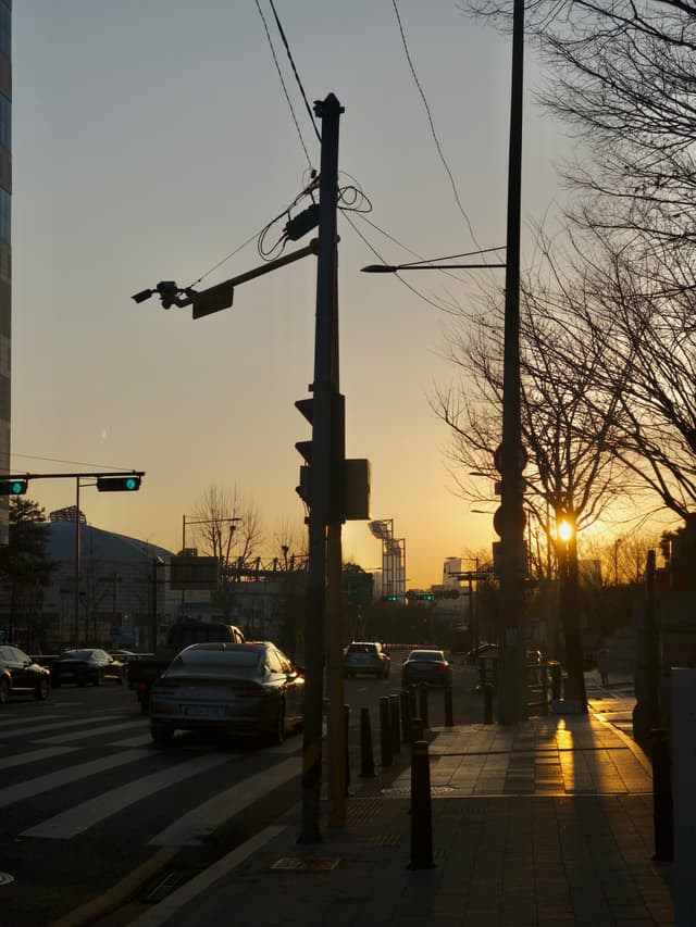 Urban street at sunset with cars, utility pole and power lines, bare trees, and pedestrians casting long shadows on the sidewalk