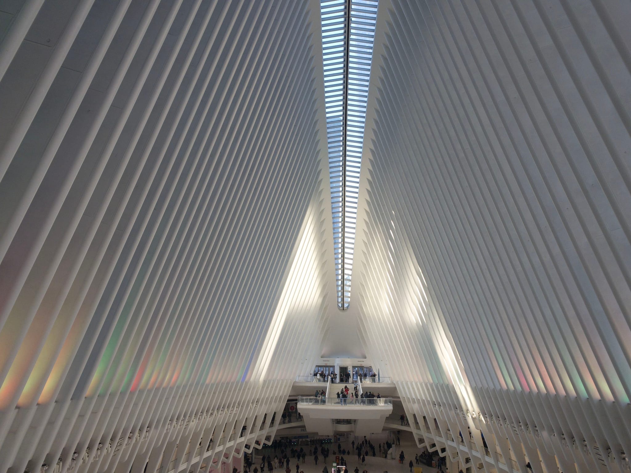 A modern architectural interior with a high, ribbed ceiling and a skylight, featuring a symmetrical design and a central walkway