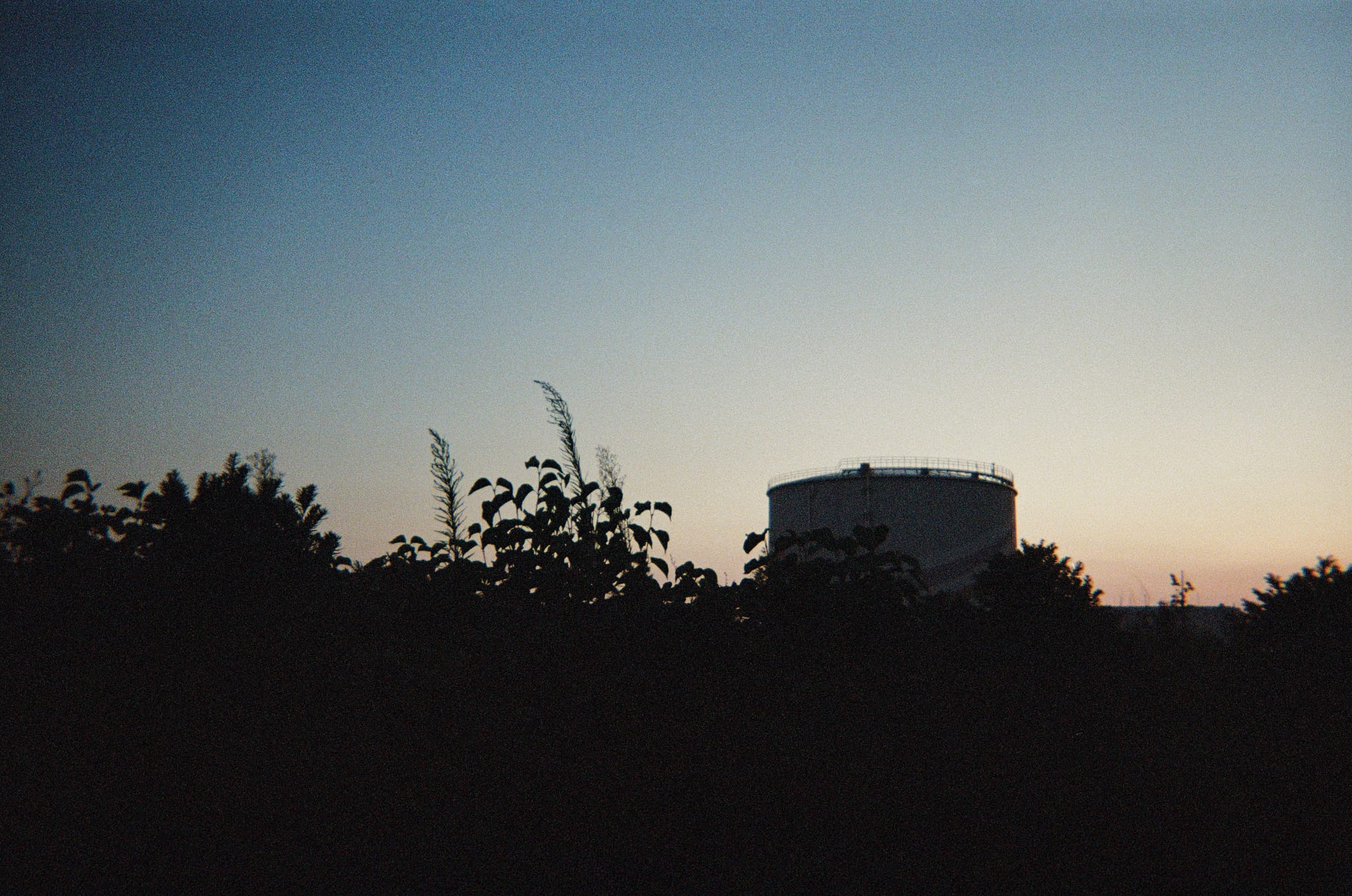 Distant building silhouette at dusk above a dark treeline with a gradient sunset horizon