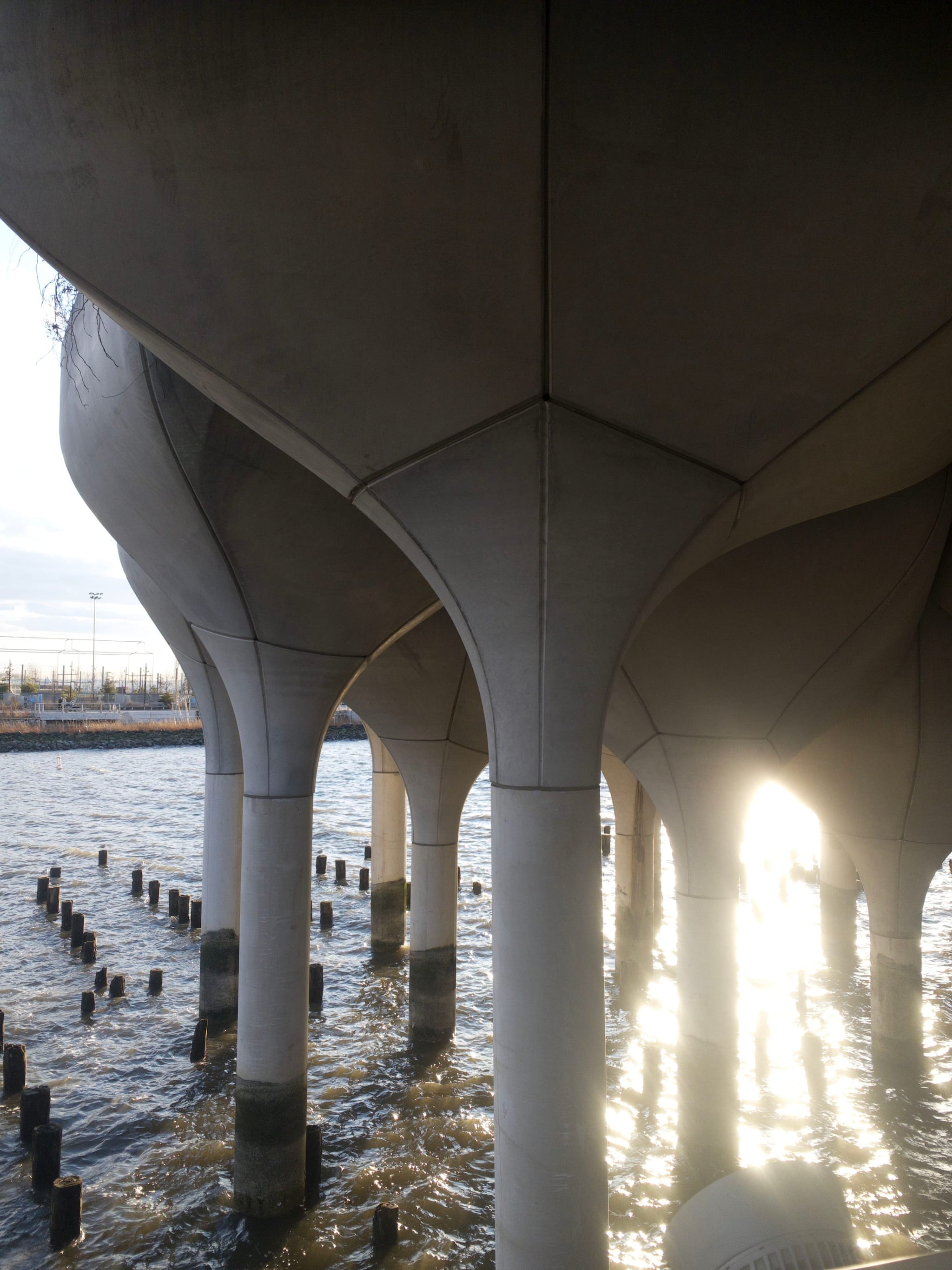 Concrete columns supporting a structure above water, with sunlight streaming through, creating reflections on the water's surface