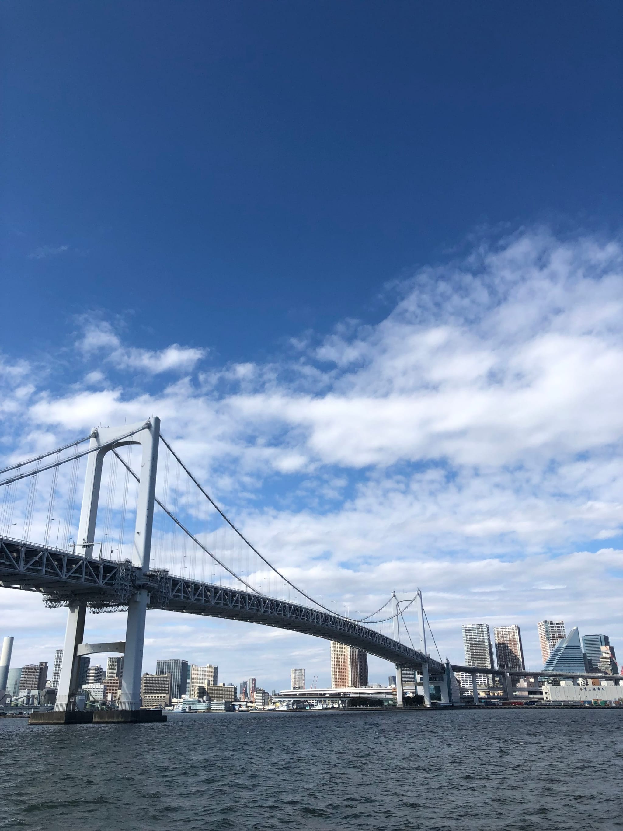 A large suspension bridge spans across a body of water with a city skyline in the background under a partly cloudy sky