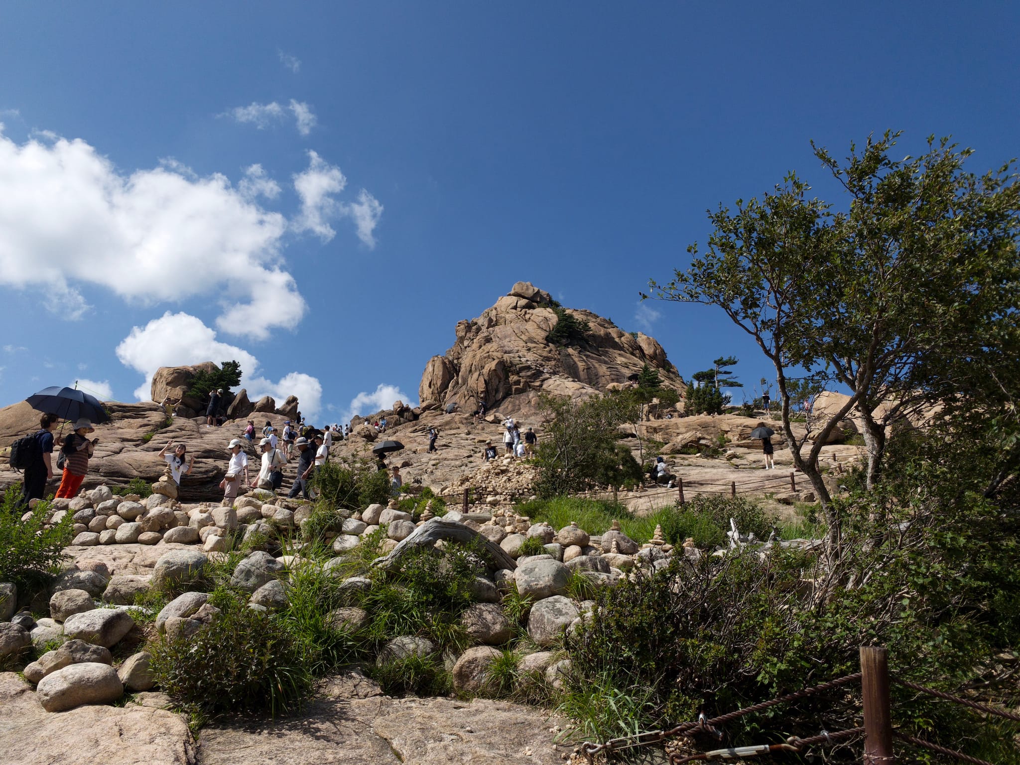 A rocky hillside with scattered greenery and a group of people walking up a path under a clear blue sky with a few clouds