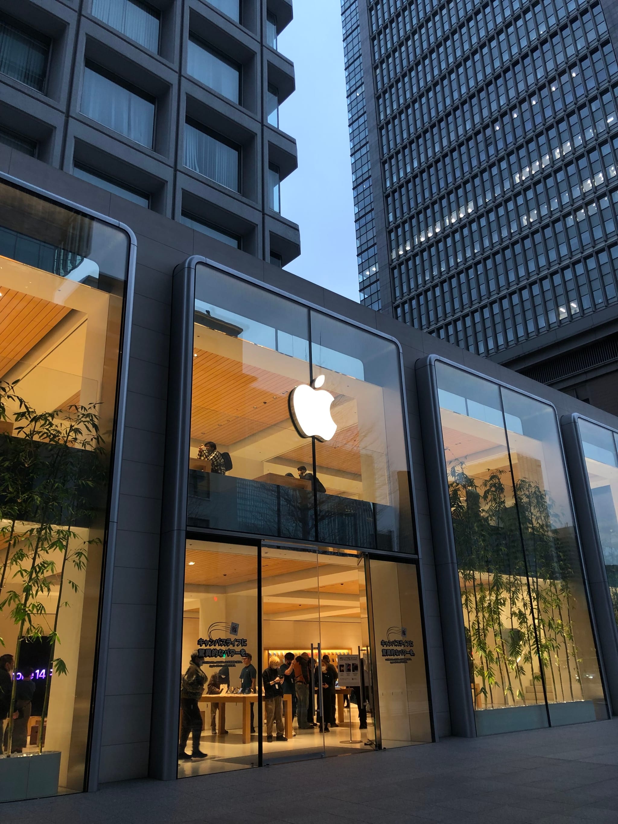 An Apple store with large glass windows, displaying the Apple logo, surrounded by tall buildings