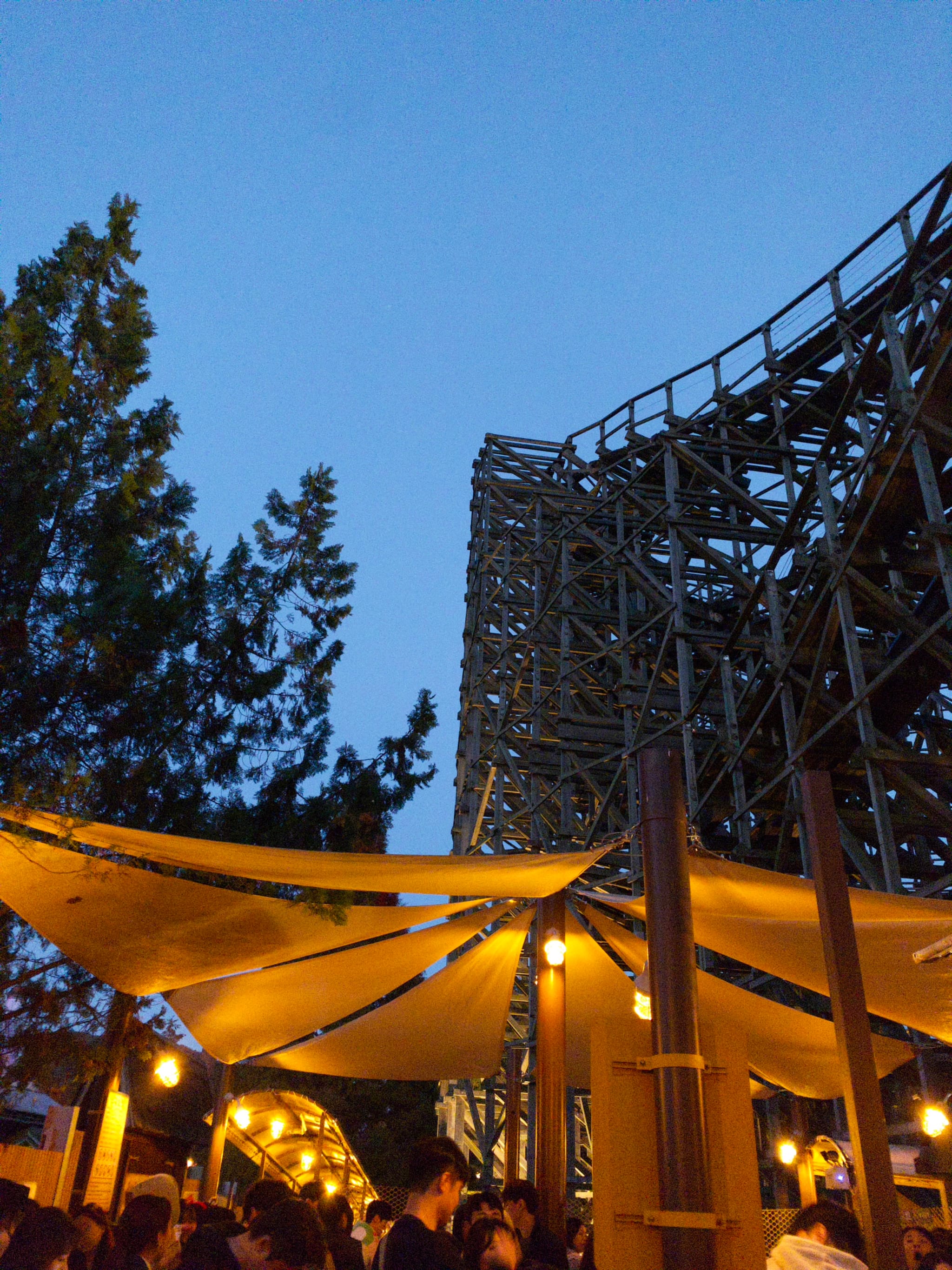 A wooden roller coaster structure under a twilight sky, with trees and a crowd of people beneath illuminated canopies