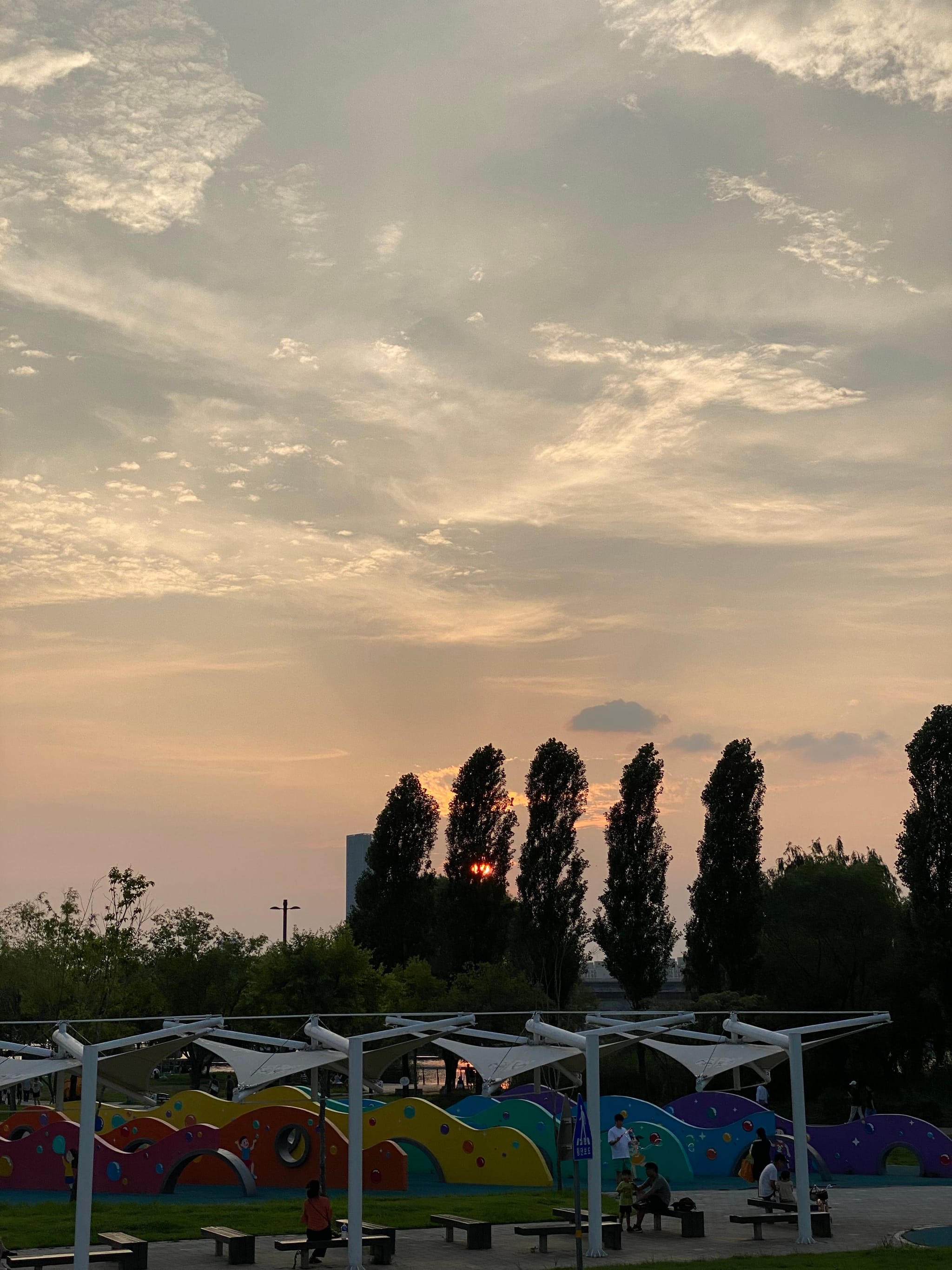 A sunset with a cloudy sky, tall trees silhouetted against the horizon, and colorful structures in the foreground