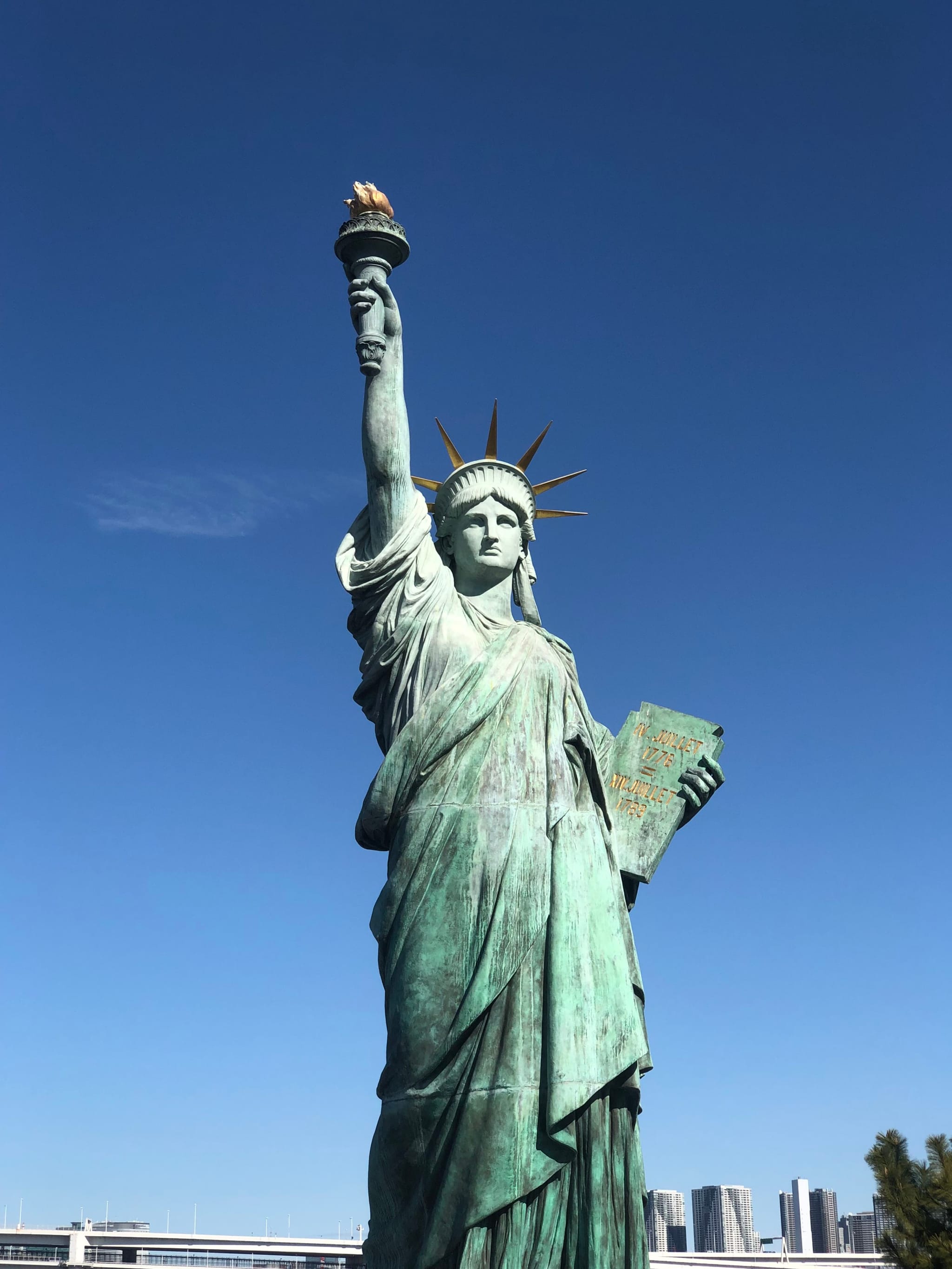 The Statue of Liberty against a clear blue sky