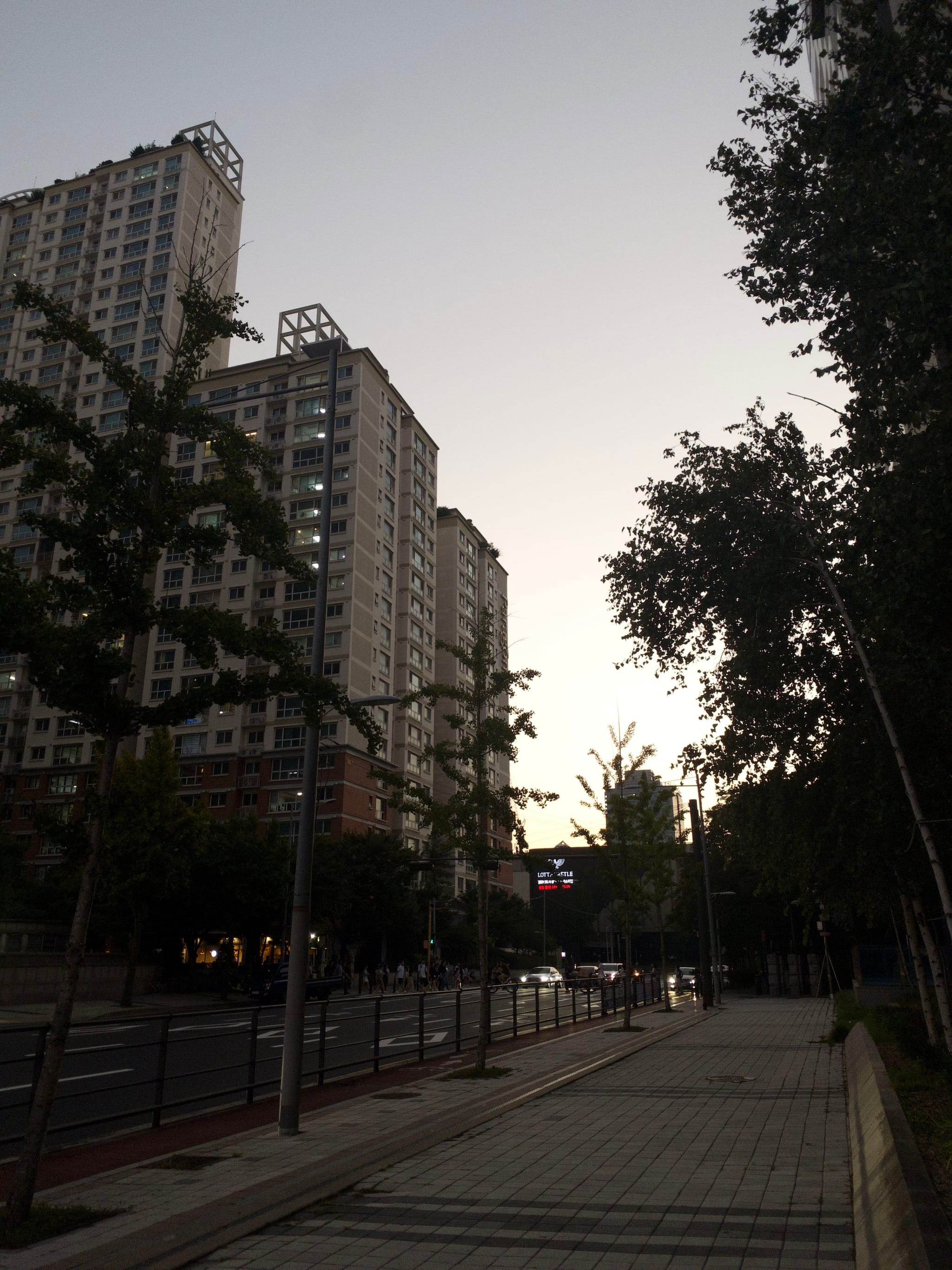 A city street at dusk with tall buildings on the left, trees lining the sidewalk, and a clear sky transitioning to night