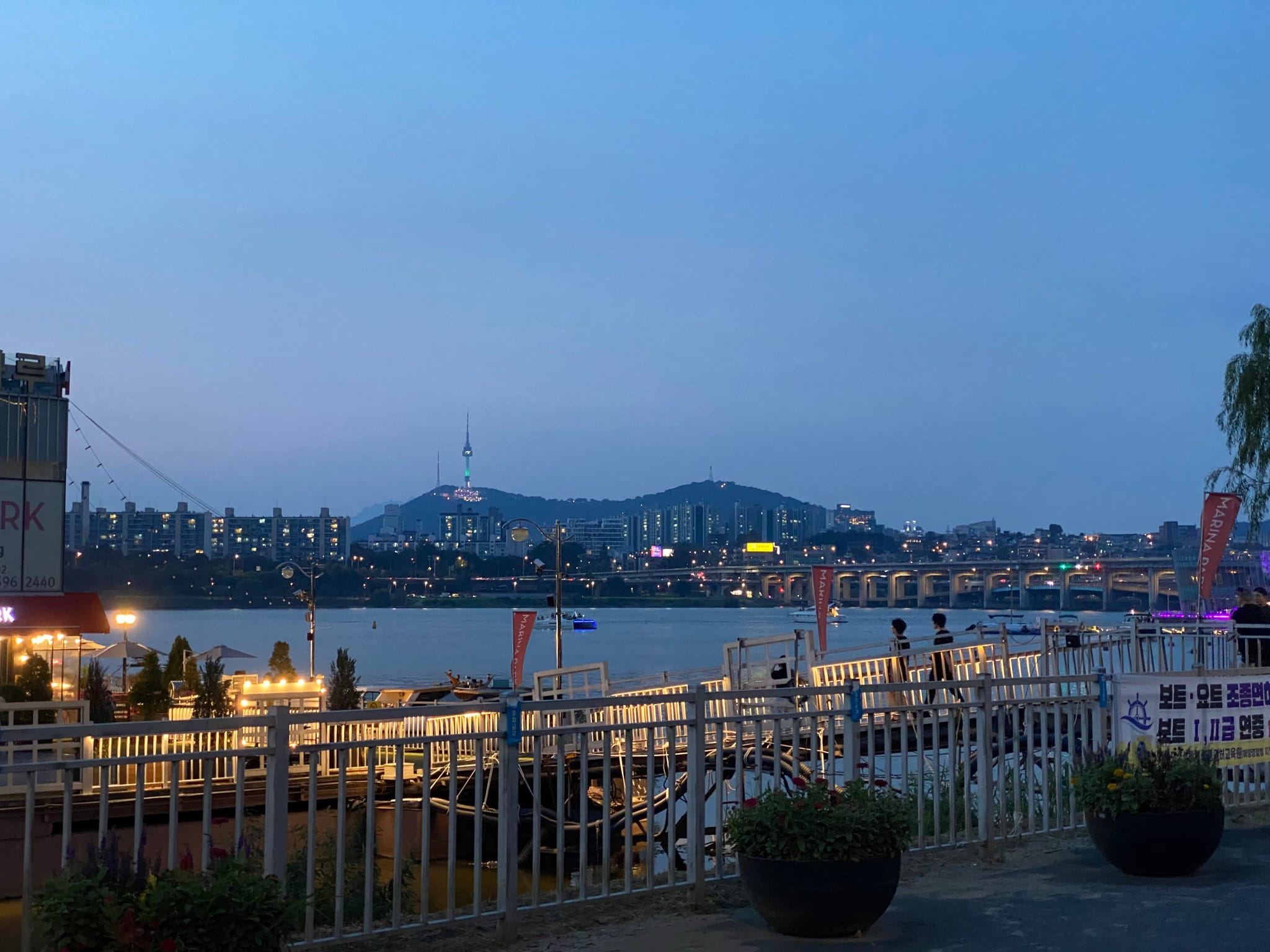 A riverside view at dusk with a bridge, city skyline, and a tower in the background, featuring a railing and potted plants in the foreground