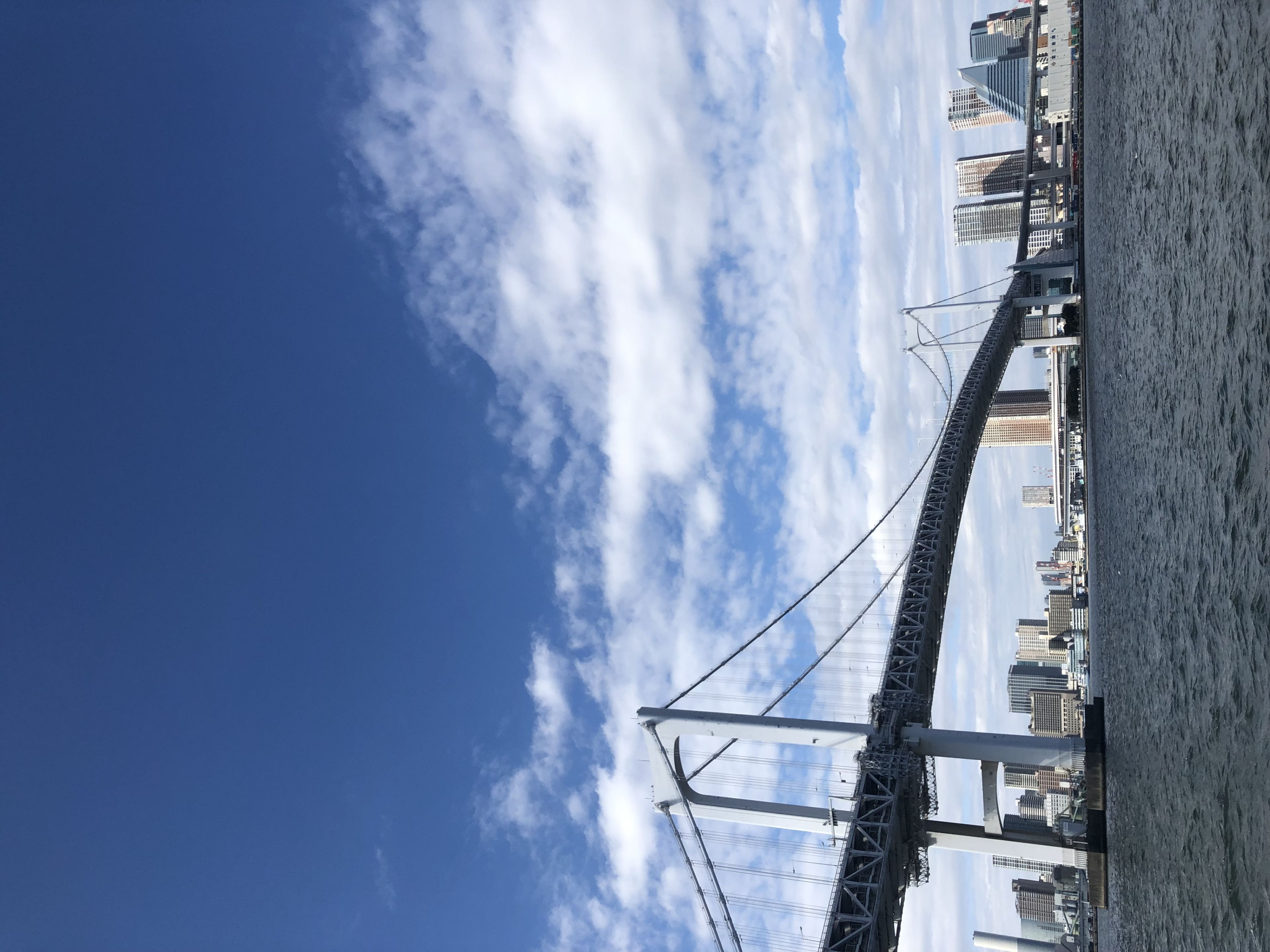 A large suspension bridge spans across a body of water with a city skyline in the background under a partly cloudy sky