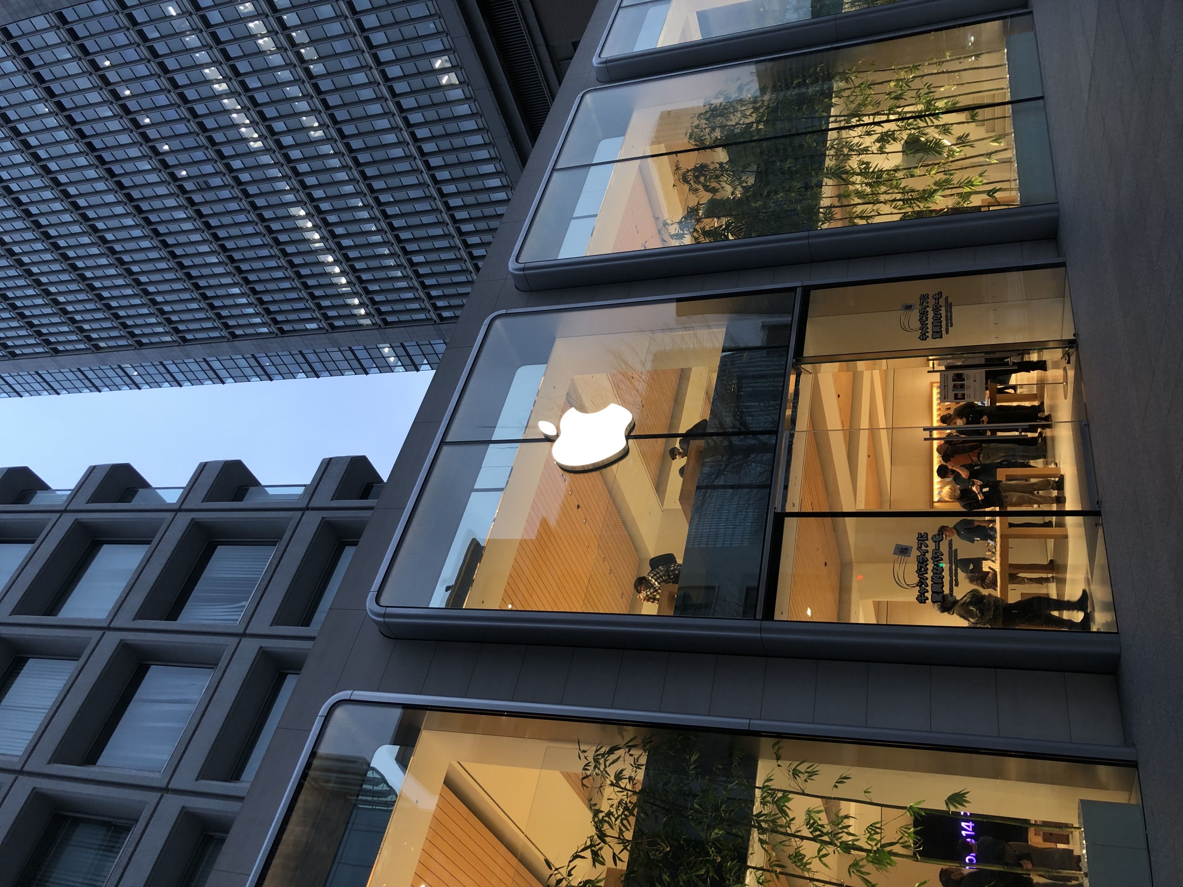 An Apple store with large glass windows, displaying the Apple logo, surrounded by tall buildings