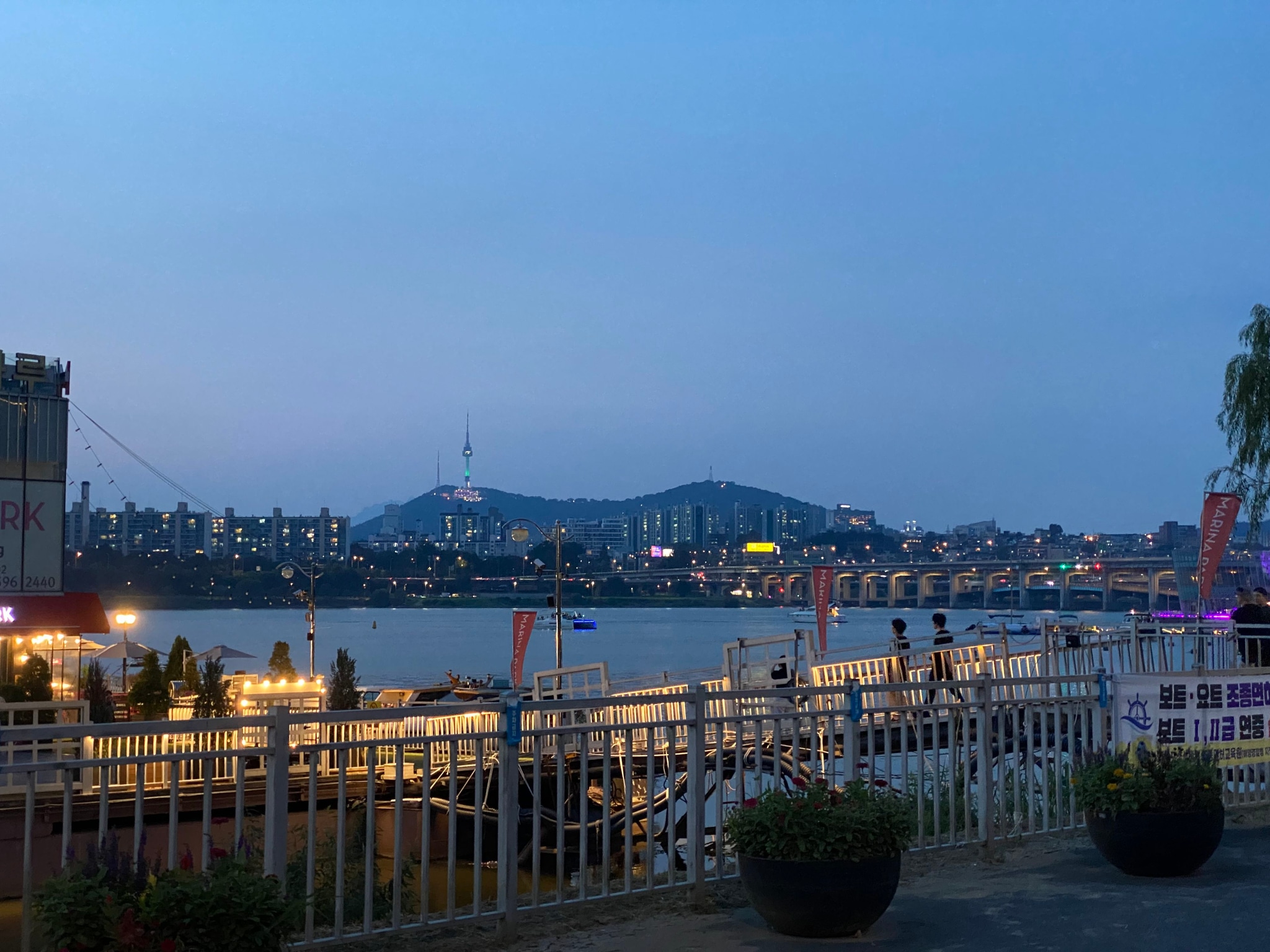 A riverside view at dusk with a bridge, city skyline, and a tower in the background, featuring a railing and potted plants in the foreground